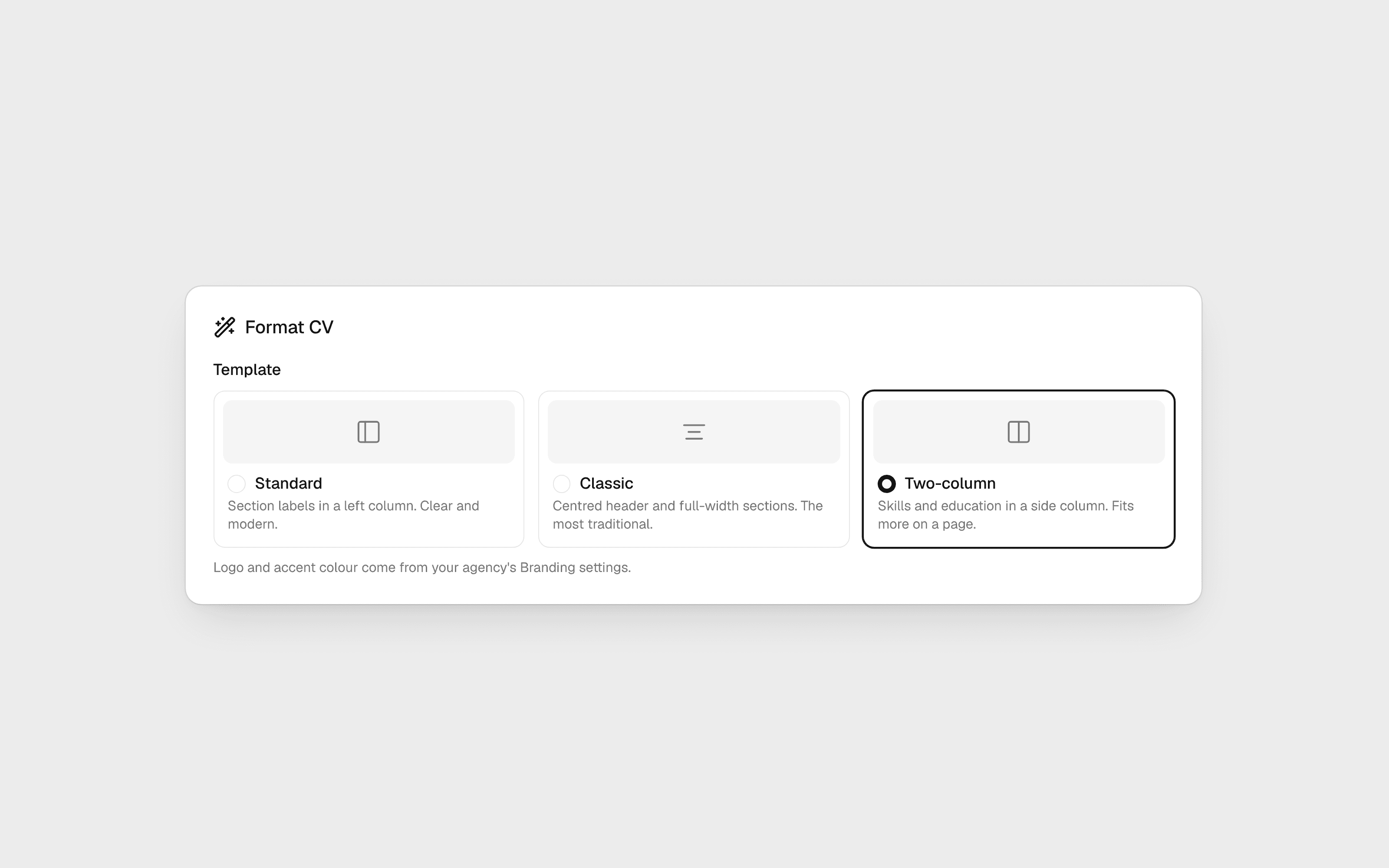 The three CV templates, with Two-column selected.