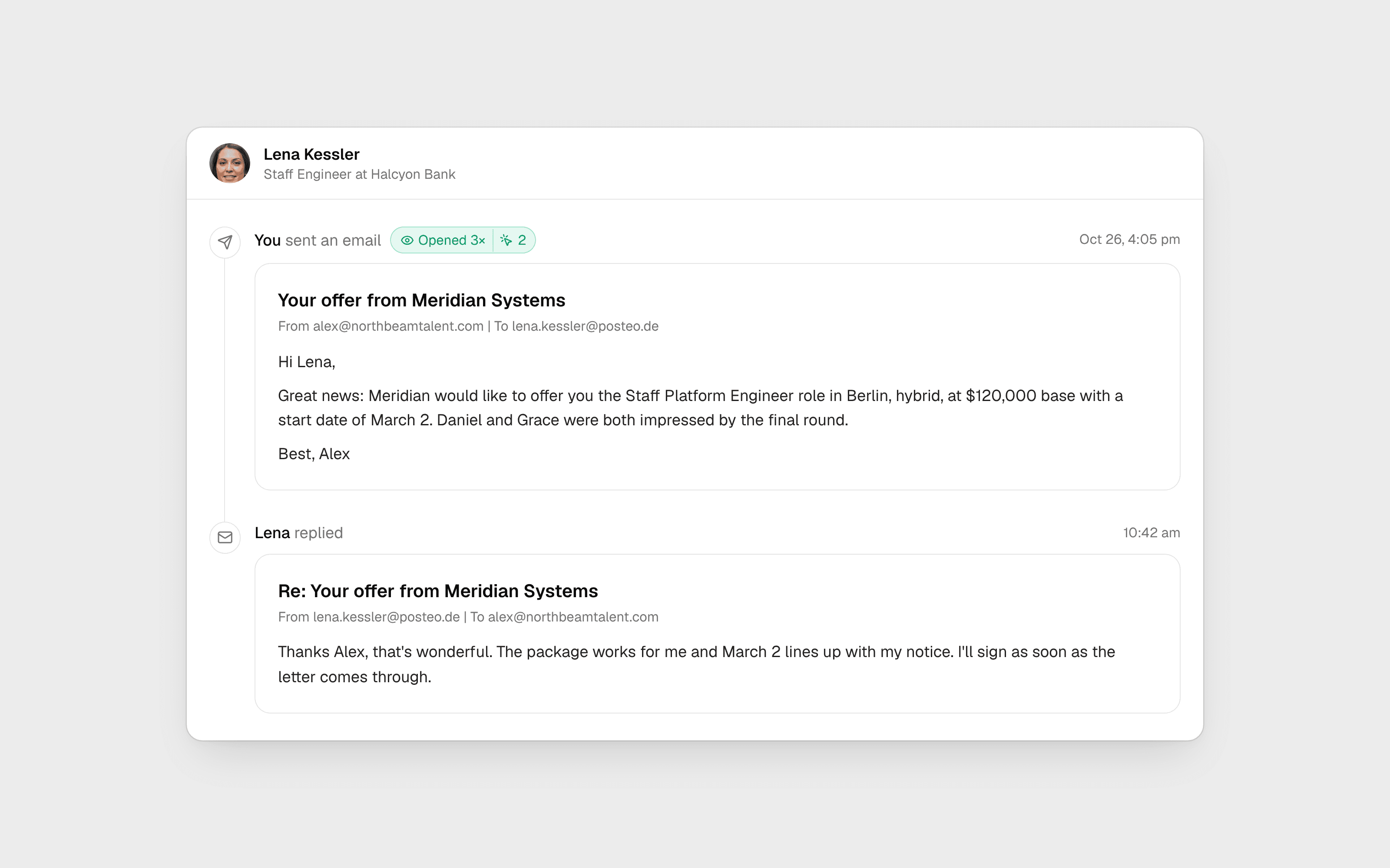 An email thread with Lena showing open and click tracking.